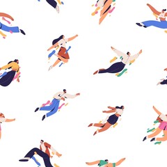 Poster - Seamless pattern with happy flying people. Repeating background with free active young men and women. Endless texture with excited enthusiastic youth in flight. Flat graphic vector illustration
