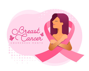Wall Mural - breast cancer awareness month banner - woman embraces herself and has pink ribbons surrounding her v