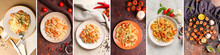 Collage Of Tasty Shrimps With Pasta And Spices On Table, Top View
