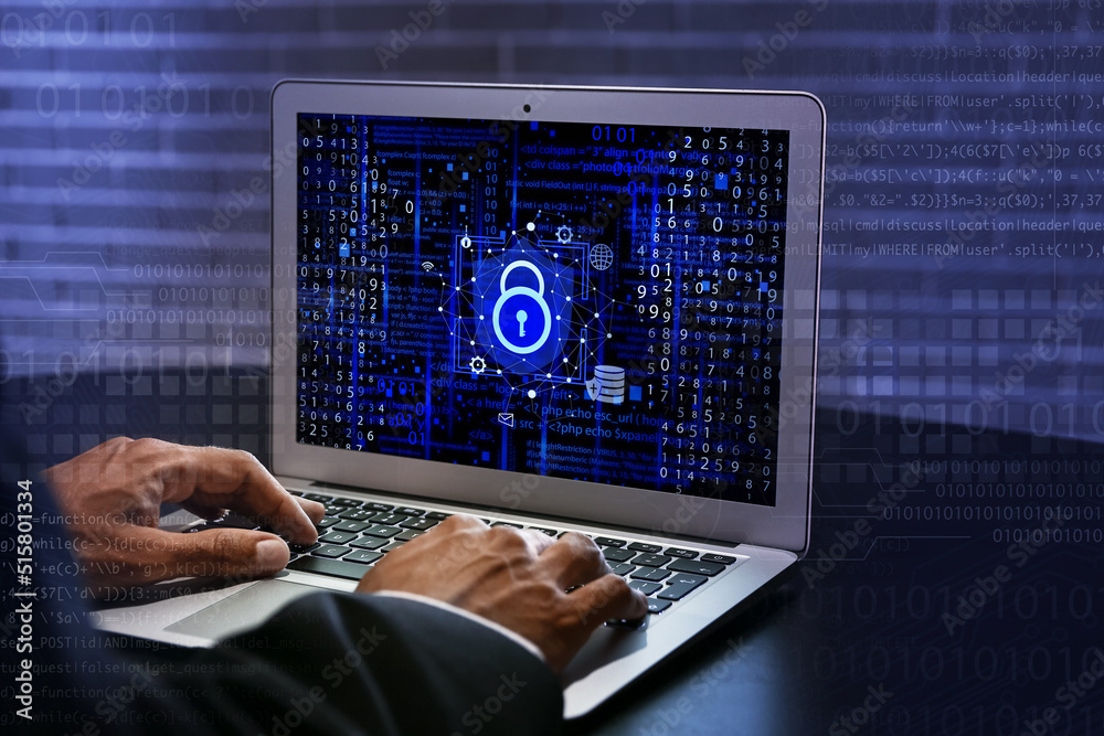 Businessman using laptop with locked screen. Concept of online safety ...