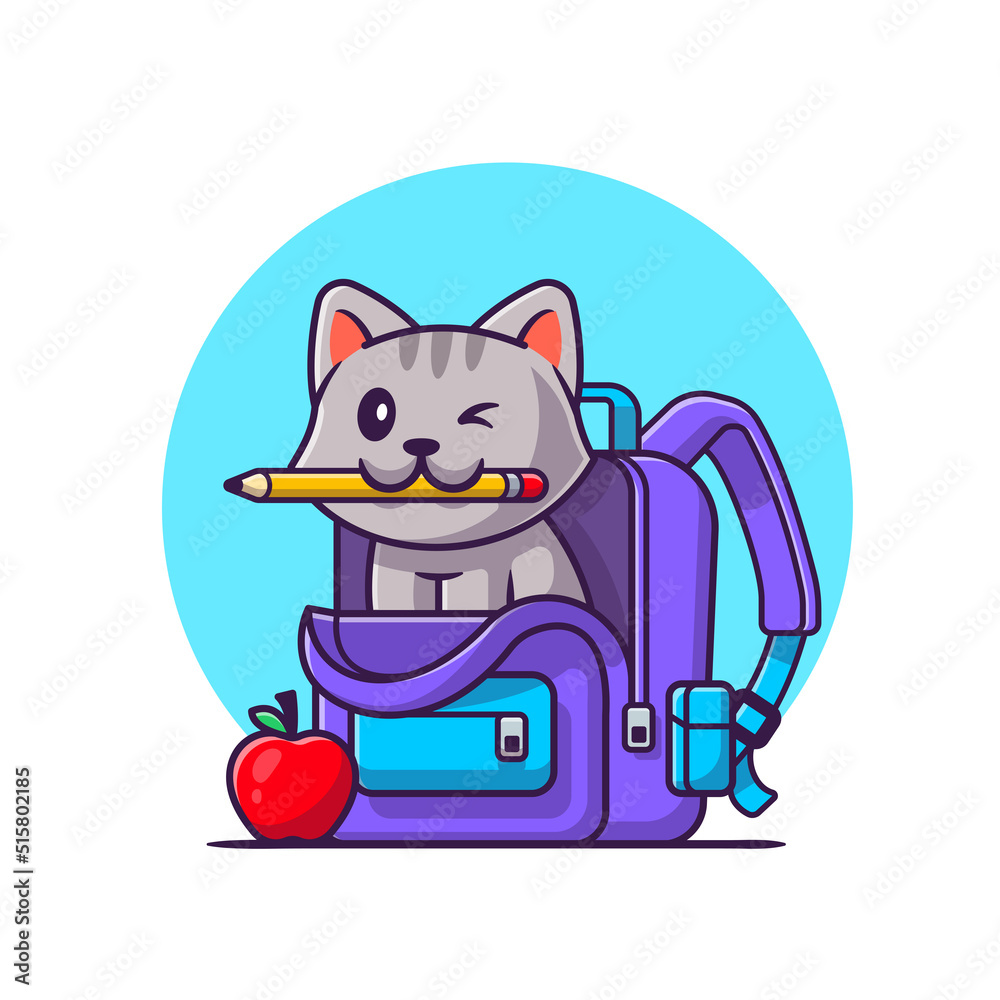 Cute Cat Biting Pencil With Bag And Apple Cartoon Vector Icon ...