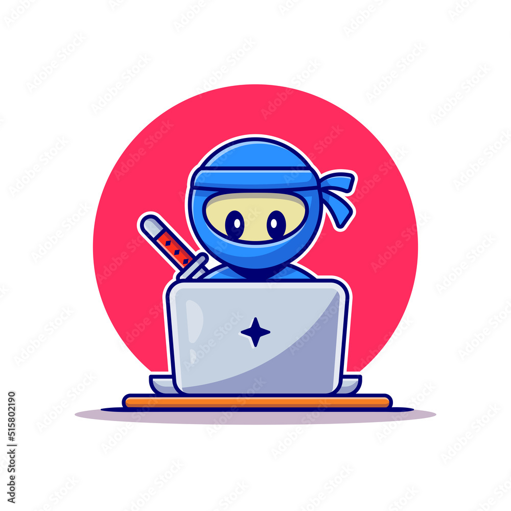 Office Ninja Computer Cute Ninja Working On Laptop Cartoon Vector Icon Illustration. People ...