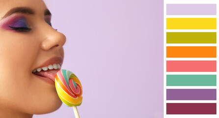 Wall Mural - Beautiful young woman eating sweet lollipop on lilac background, closeup. Different color patterns