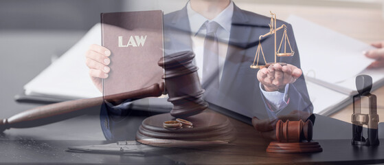 Wall Mural - Multiple exposure of judge's gavel, wedding rings and lawyer