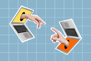 Poster - Composite collage image of two arms fingers reach touch each other two laptops displays isolated on checkered background