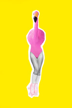 Vertical Collage Portrait Of Slim Girl Legs Black White Gamma Pink Flamingo Body Wear Rollerblades Isolated On Yellow Background