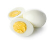 Tasty boiled chicken eggs on white background