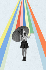 Poster - 3d retro abstract creative artwork template collage of lady walking under umbrella enjoying rainy weather isolated drawing background