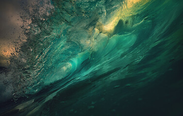Wall Mural - big sunset rough ocean shorebreak wave inside crest view