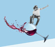 © master1305 - Contemporary art collage. Cheerful young man surfing on red wine glass isolated over blue background. Weekends