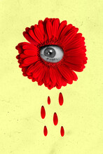 Photo Cartoon Comics Sketch Picture Of Eye Inside Red Flower Red Petal Tears Falling Isolated Painting Yellow Background