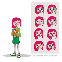 Character animation set, schoolgirl with notebook in hands, full length, creation of people with emotions, facial animation, doodle