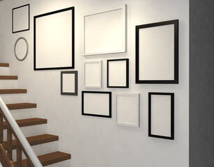 Gallery, blank frames on the wall staircase, 3d rendering, Illustration