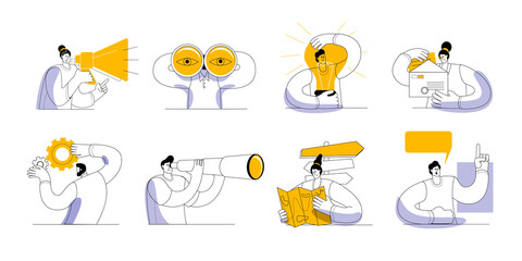 Aufkleber - A set of characters on the topic of finding a big idea in business. Vector icons in a modern style.