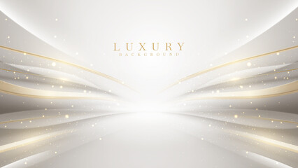 Wall Mural - Luxury white background with golden line elements and curve light effect decoration and bokeh.