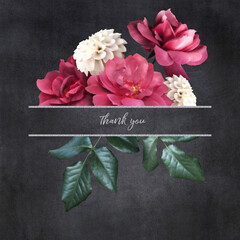 Wall Mural - Floral card with copy space. Red roses on dark textured grange background. Bouquet of garden flowers.