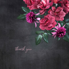 Wall Mural - Floral card with copy space. Red roses on dark textured grange background. Bouquet of garden flowers.