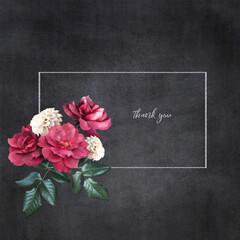 Wall Mural - Floral card with copy space. Red roses on dark textured grange background. Bouquet of garden flowers.