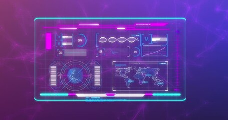Animation of data processing and network of connections on purple background