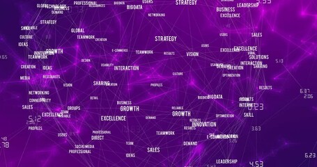 Animation of network of connections with texts over purple background