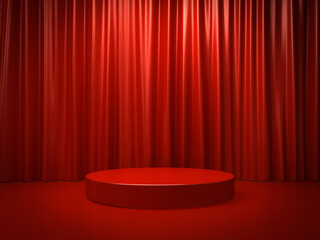 Red round podium or empty pedestal platform over red curtain background with dim spotlight shadow minimal concept 3D rendering