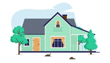 Flat Design Vector House Illustration - Green Residential Small Home With Trees On White Background