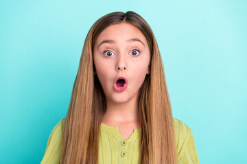 Photo of impressed speechless girl open mouth cant believe isolated on shine turquoise color background