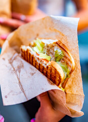 street food eating. closeup of woman hands holding sandwich outdoor