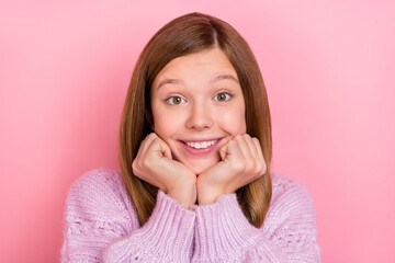 Sticker - Portrait of attractive girly cheerful red-haired pre-teen girl resting enjoying isolated over pink pastel color background