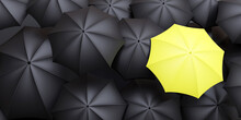 Standout From Crowd, Different Concept. One Yellow Umbrella On Black Umbrellas Background. 3d Render