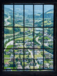 Magnificent view of the Salzach River and surroundings through a barred window from the medieval Hohenwerfen Castle in Austria