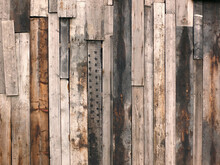 Rough Textured Timber Wall Made Of Stained Mismatched Recycled Old Planks