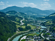 Magnificent High Angle View Of The Salzach River And Surroundings From The Medieval Hohenwerfen Castle In Austria