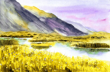 Watercolor Illustration Of A Landscape With Distant Gray Mountains In The Background And A Grassy Meadow With Yellow Wildflowers