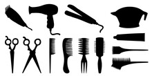 Hairdressing Tools Set, Black Silhouette Isolated On White. Barber Comb, Brush, Scissors, Bowl For Hair Dyeing, Dryer, Straightener And Clipper. Hand Drawn Icon For Beauty Salon Or Barbershop Concept.