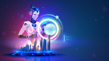 Beautiful Robot Woman Standing At The Interactive Table With Hologram Of Smart City. Cyborg Work With Virtual Abstract Spherical Interface. AI Or Artificial Intelligence Controls Systems Of Smart City