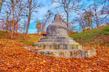 Sticker - Borobudur Stupa amid the dry autumn foliage, Indonesian Park, Kyiv, Ukraine