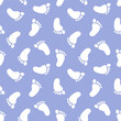 © FRESH TAKE DESIGN - Purple seamless pattern with white baby footprints.