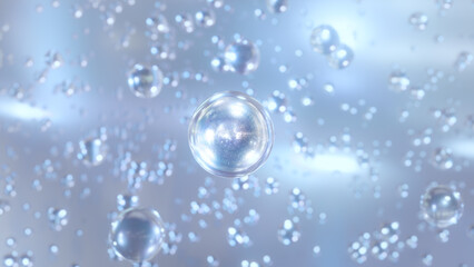 Aufkleber - 3D cosmetic rendering Blue Bubbles of serum on a blurry background. Design of collagen bubbles. Essentials of Moisturizing and Serum Concept. Concept of vitamins for beauty and health.