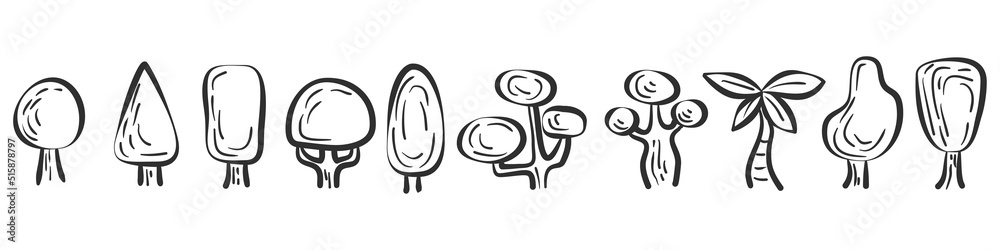 Set of hand drawn doodle trees various form isolated on white ...