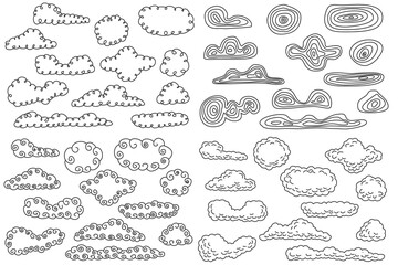 Wall Mural - Set of hand drawn doodle clouds different form isolated on white background. Collection cartoon design elements. Vector illustration.