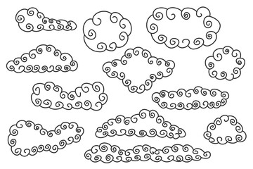 Wall Mural - Set of hand drawn doodle clouds different form isolated on white background. Collection cartoon design elements. Vector illustration.