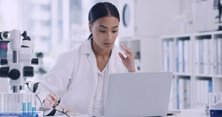 Poster - A chemist having pain from a headache or migraine due to workload and a deadline in a laboratory. Stressed scientist using a laptop in a laboratory while suffering from stress and burnout.