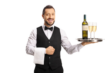 Poster - Smiling waiter holding bottle of wine and glasses on a tray