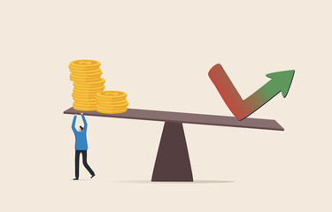 Leverage investing. Buying shares through a credit balance account. Fund management is both an opportunity and a risk. Businessman Balancing Stacked Coins With on Wooden Seesaw.