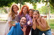 © Ladanifer - Portrait of five mature adults taking a selfie and having fun in a park.