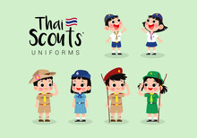 Set Of Thai Boy And Girl Scouts Uniforms Vector Illustration. Thai Scouts' Attire