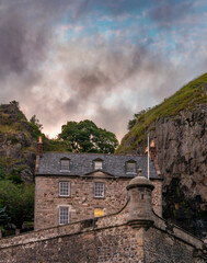 Sticker - vertical view of Dumbarton Castle and Dumbarton Rock on the Clyde River at sunset