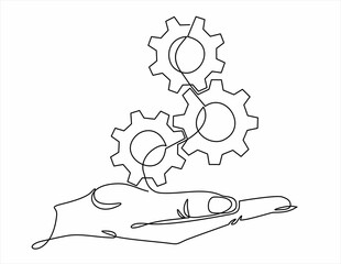 continuous one single line drawing of hand holding gears, tech development, engineering, technology