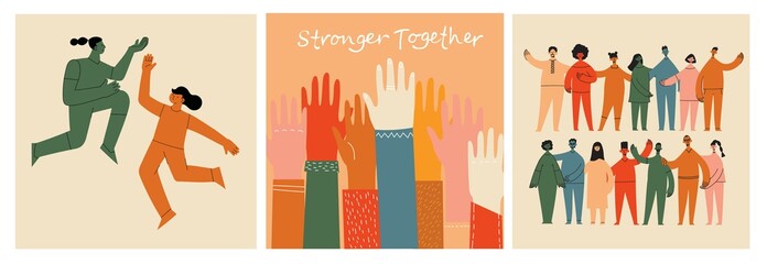 Wall Mural - Women friendship group. Diverse female team standing together, holding hands, girls power, multinational sisterhood community vector illustration. Friendship group females, people diversity